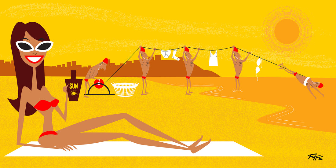 Woman sunbaking on Bondi Beach with lifesavers hanging washing in background