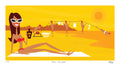 Sunny beach scene with a woman in a bikini sunbathing, life savers hanging laundry, and a city skyline.