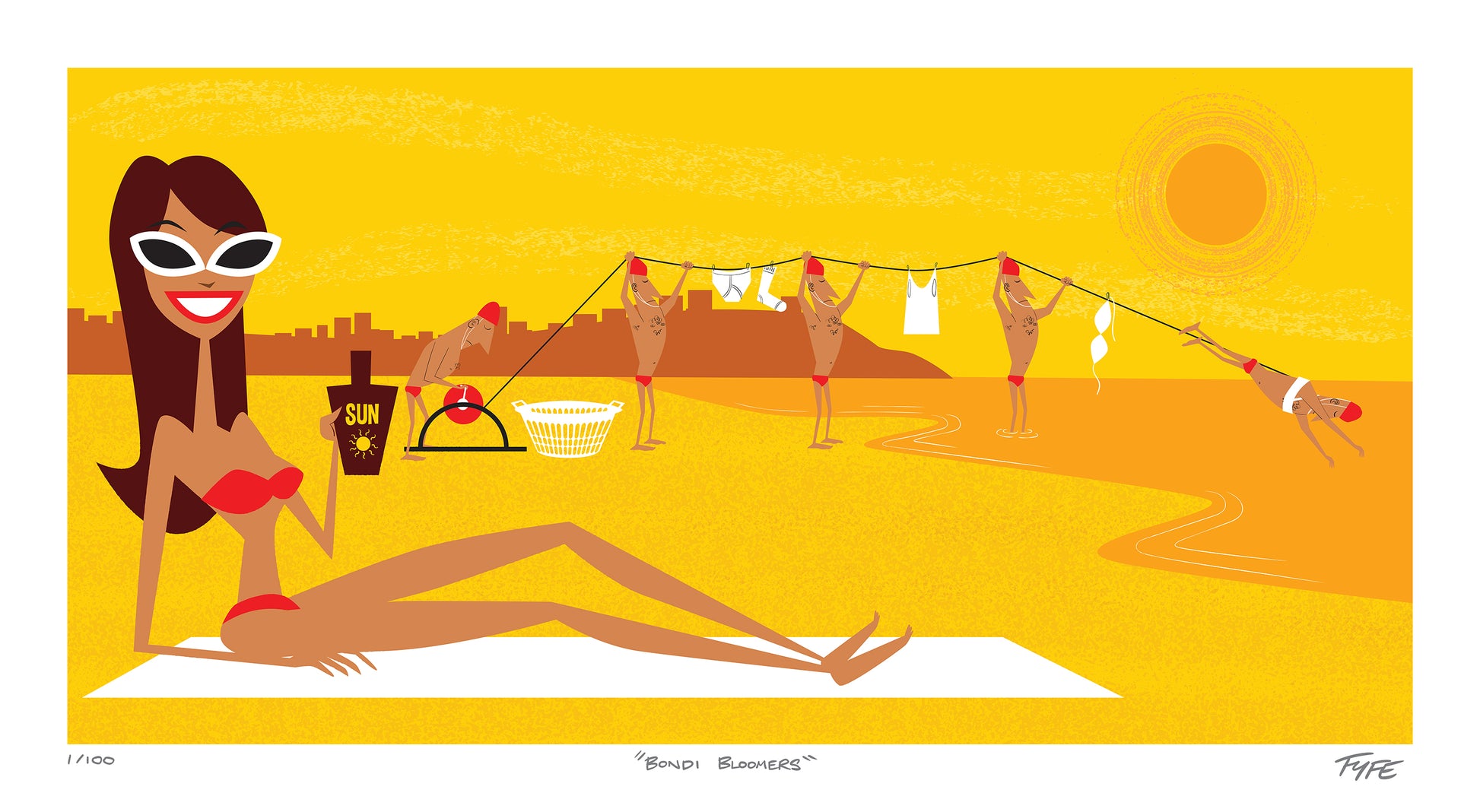 Sunny beach scene with a woman in a bikini sunbathing, life savers hanging laundry, and a city skyline.