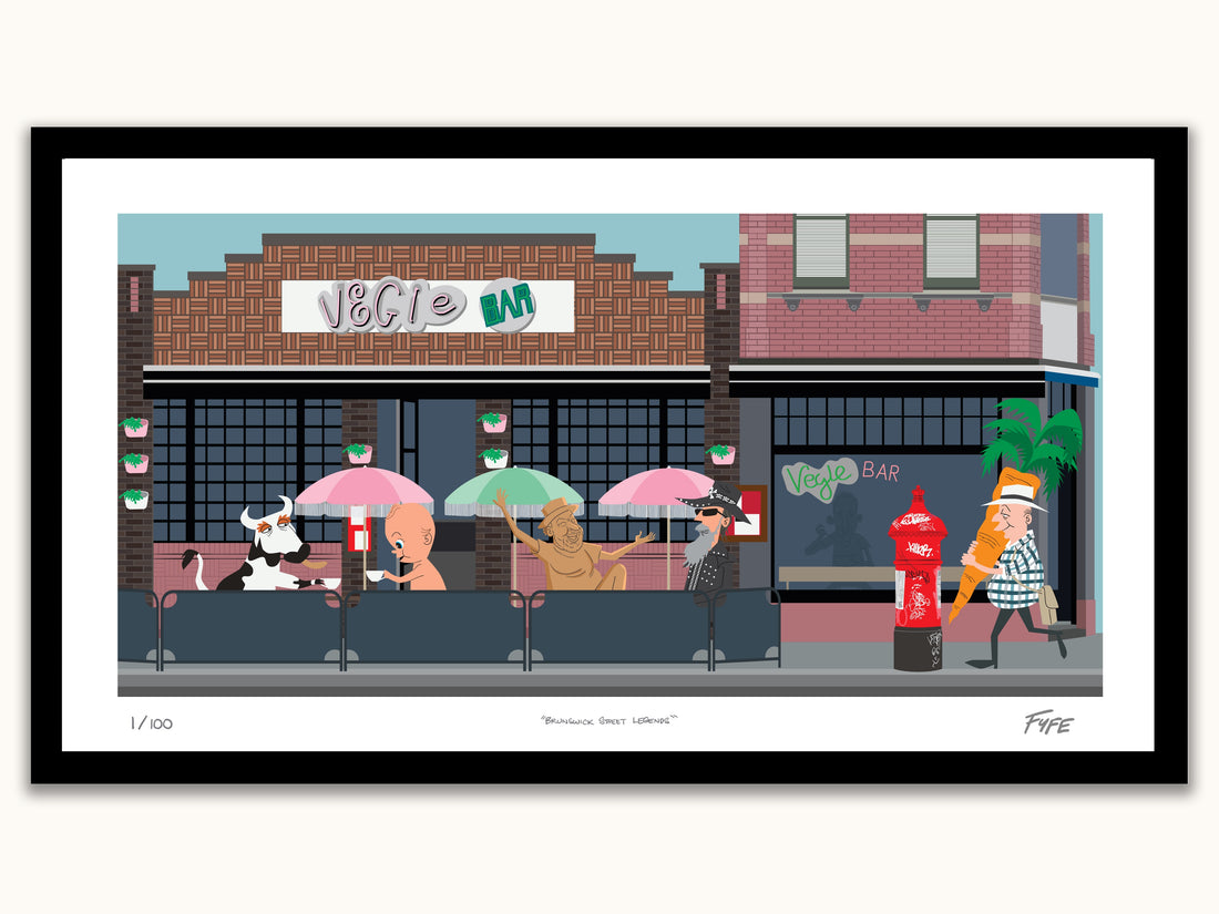 Cartoon-style illustration of a bar with characters sitting outside under umbrellas.