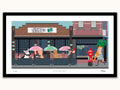 Illustration of a street scene with people and a store front, framed artwork.