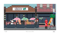 Illustration of a street scene with a bar named 'Vicolo' featuring animated characters under colorful umbrellas.