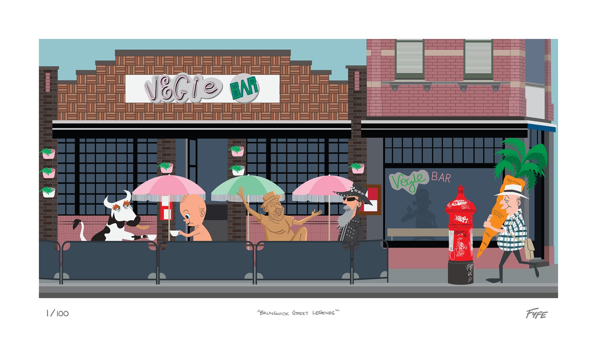 Illustration of a street scene with a bar named 'Vicolo' featuring animated characters under colorful umbrellas.