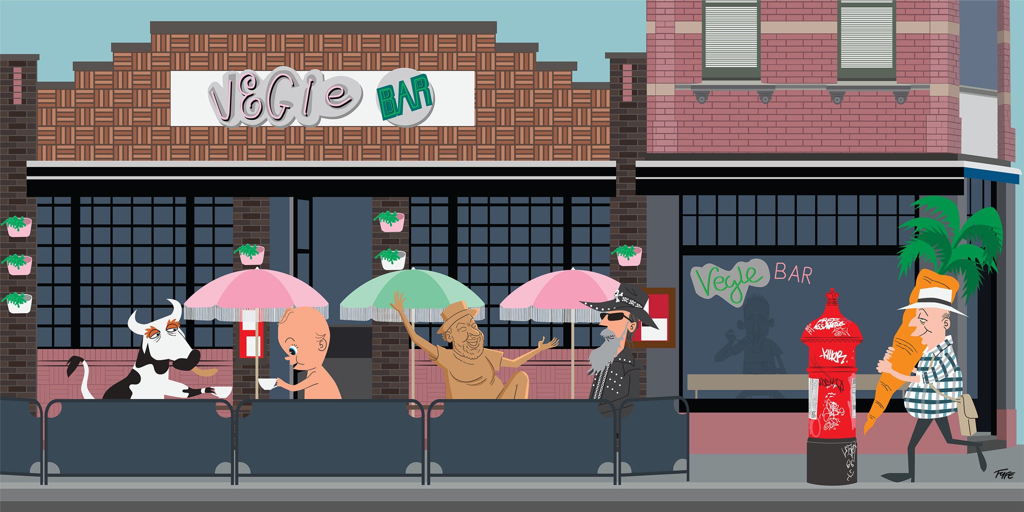 Cartoon-style illustration of a bar with characters sitting outside under umbrellas.