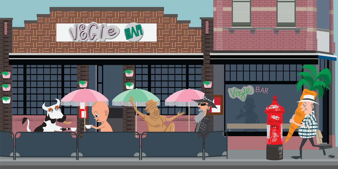Cartoon-style illustration of a bar with characters sitting outside under umbrellas.