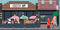 Cartoon-style illustration of a bar with characters sitting outside under umbrellas.