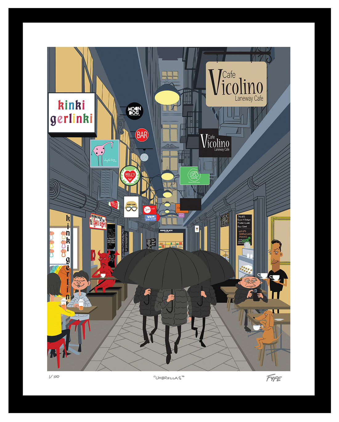 Illustration of a city street with people under umbrellas, shops, and cafes.