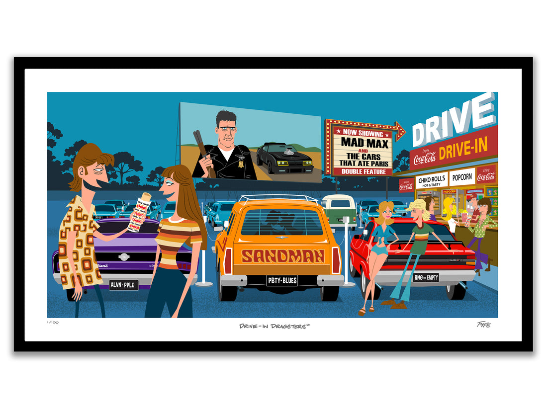 Drive-In Dragsters by Andrew Fyfe – retro Australian drive-in cinema artwork featuring classic muscle cars and cult movie references.