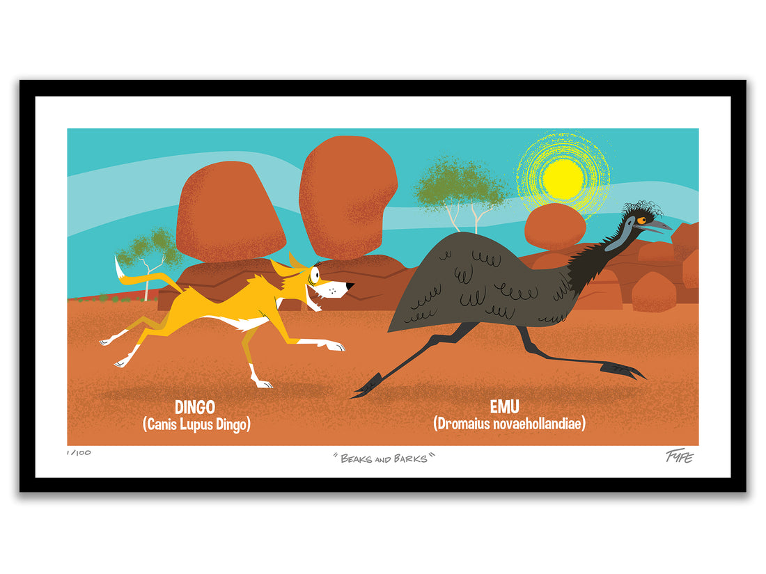 Beaks and Barks Australian cartoon artwork of a dingo chasing an emu at the Devils Marbles outback landscape by artist Andrew Fyfe