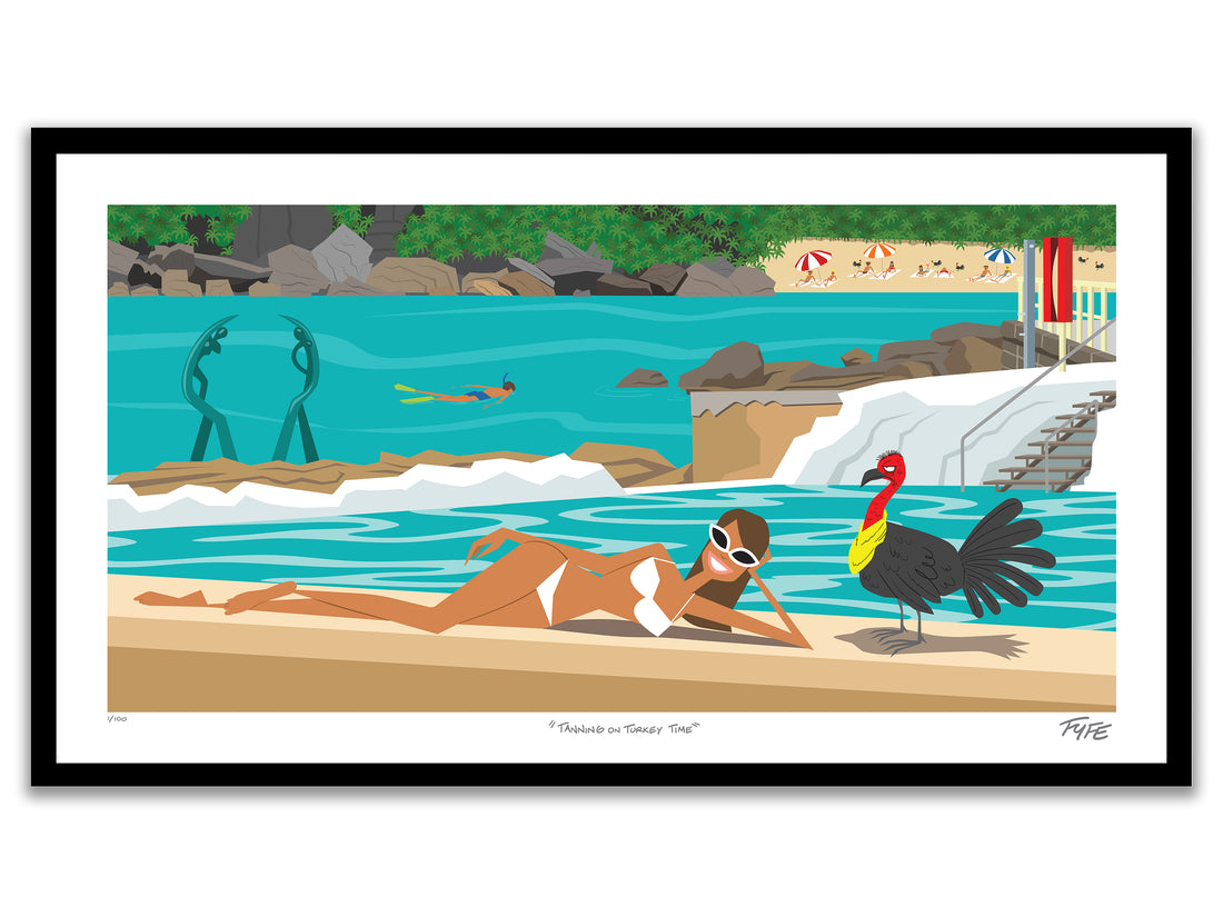 Fairy Bower Ocean Pool Manly Sydney art print showing sunbather and bush turkey with Shelly Beach in background