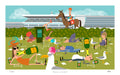 Illustration of a horse race with people lounging and enjoying drinks on the grass.