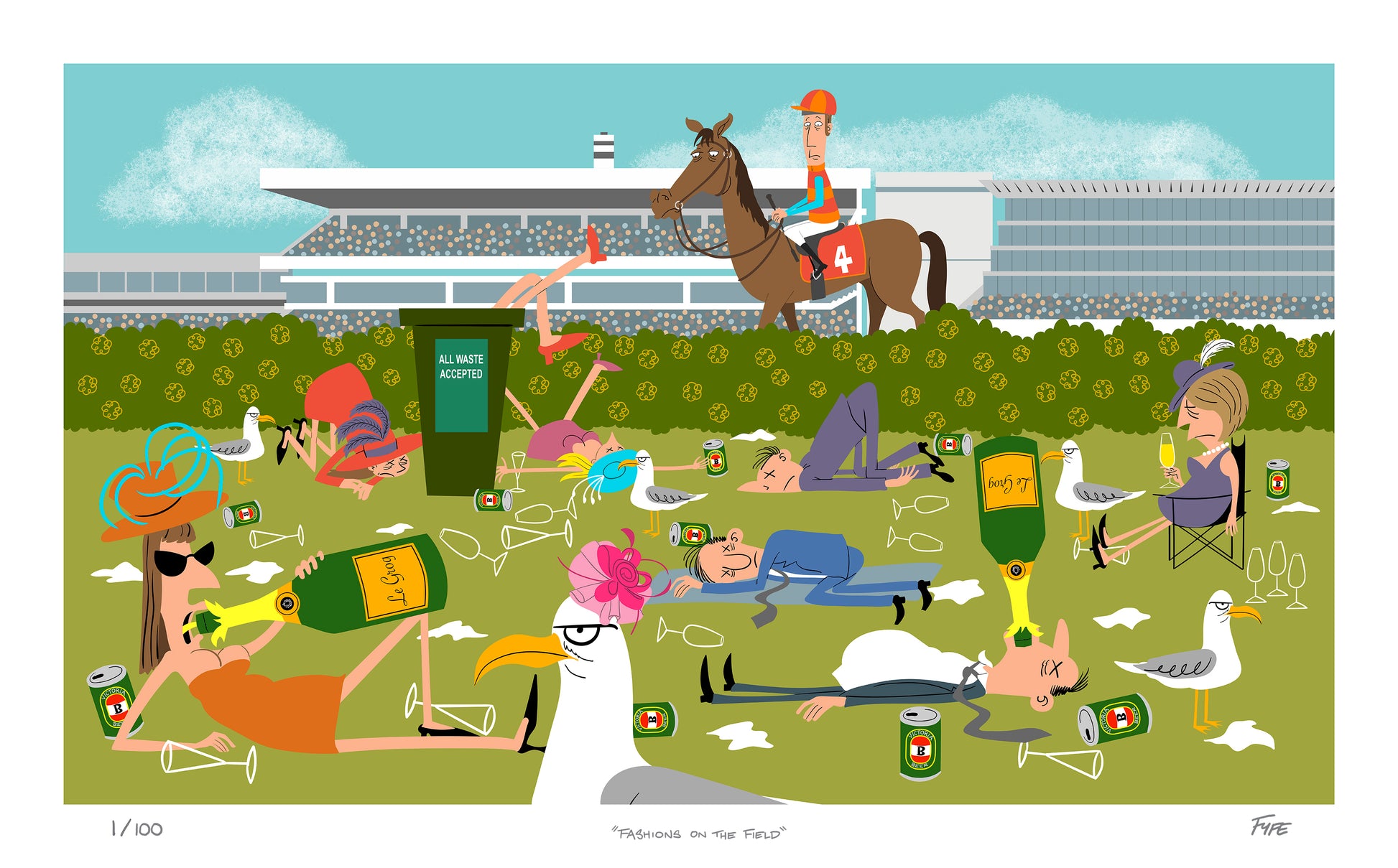 Illustration of a horse race with people lounging and enjoying drinks on the grass.