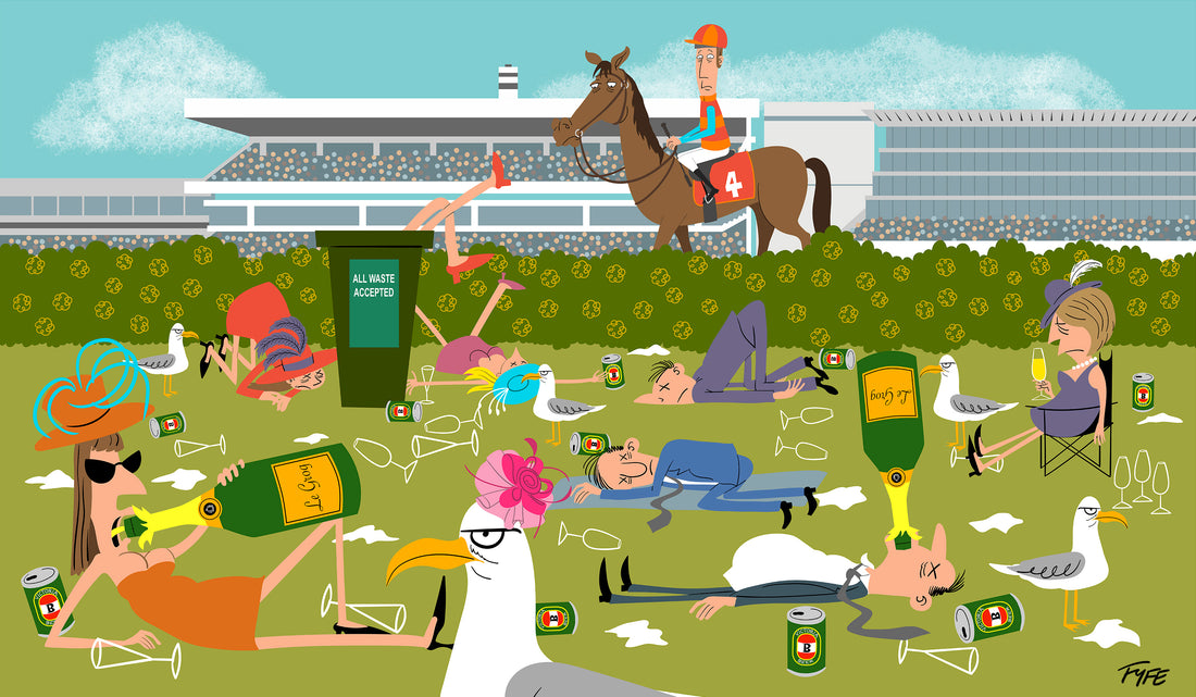 Illustration of people at a race track with a horse and jockey in the background.