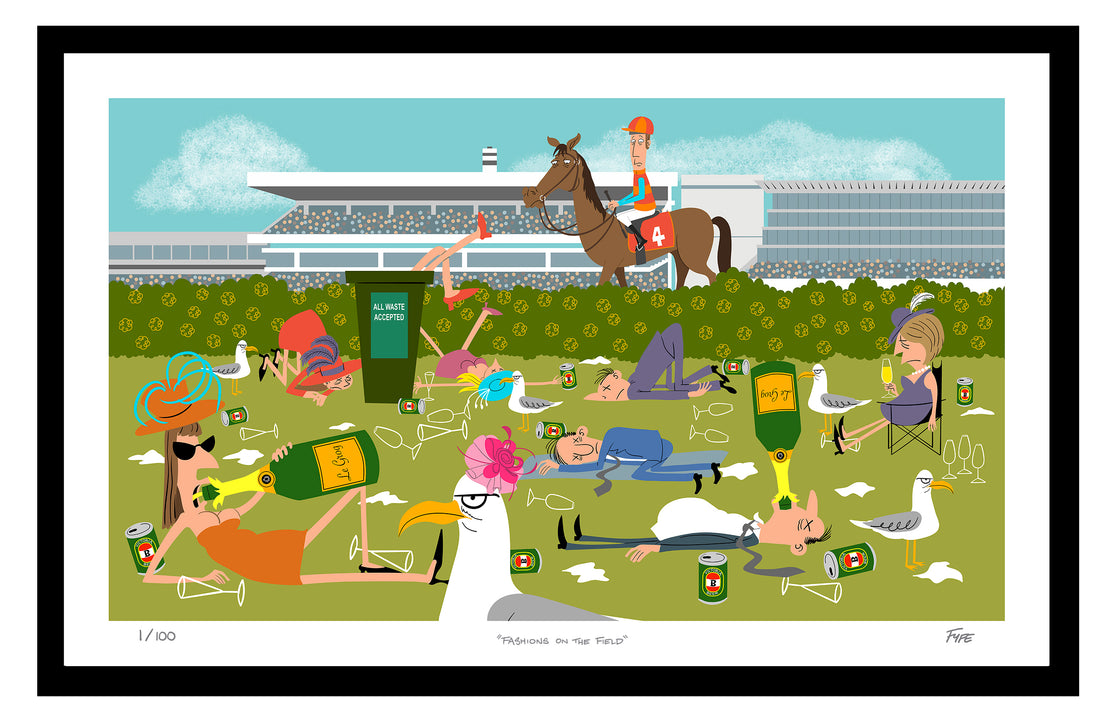 Illustration of people at a race track with a horse and jockey in the background.