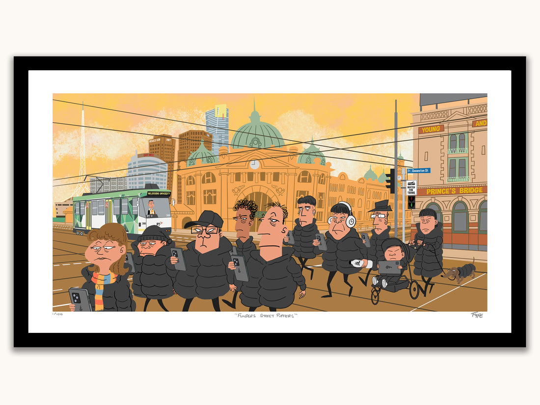 Cartoon scene of people in black coats on a city street with a tram and buildings in the background.