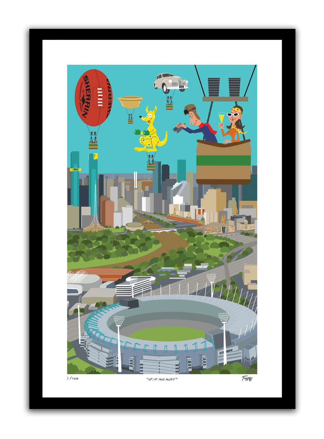Illustration of a cityscape with hot air balloons, a dog, and people in a stadium.
