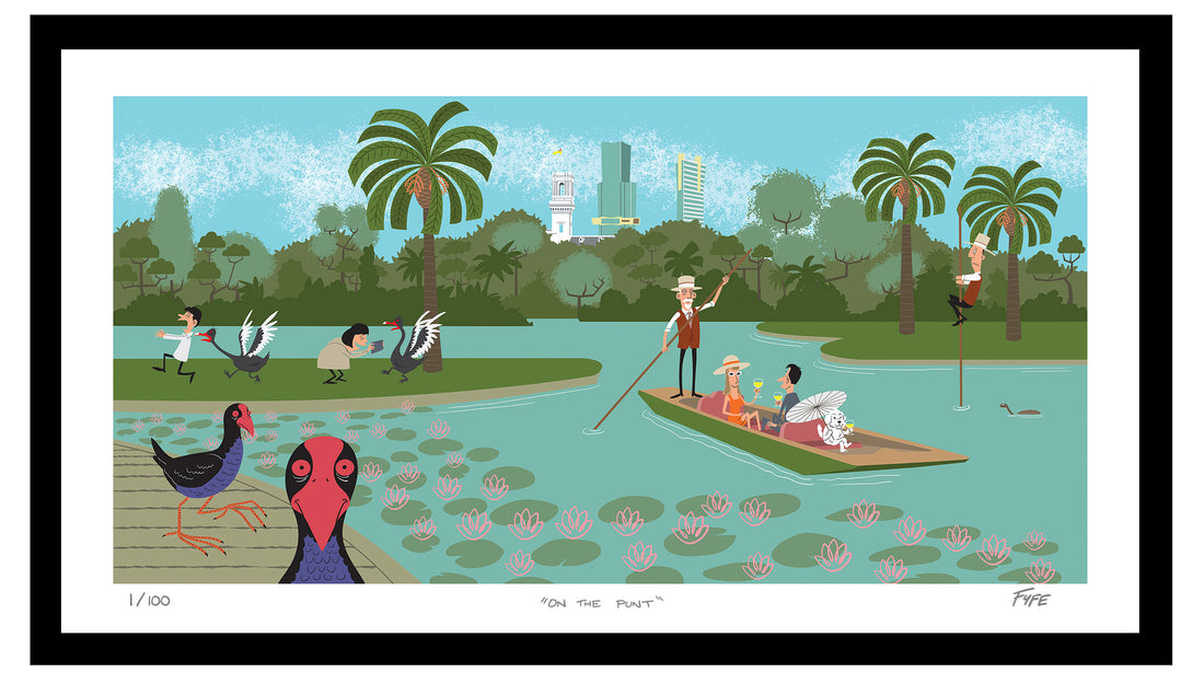 Illustration of a park scene with people, ducks, and a boat on a lake.