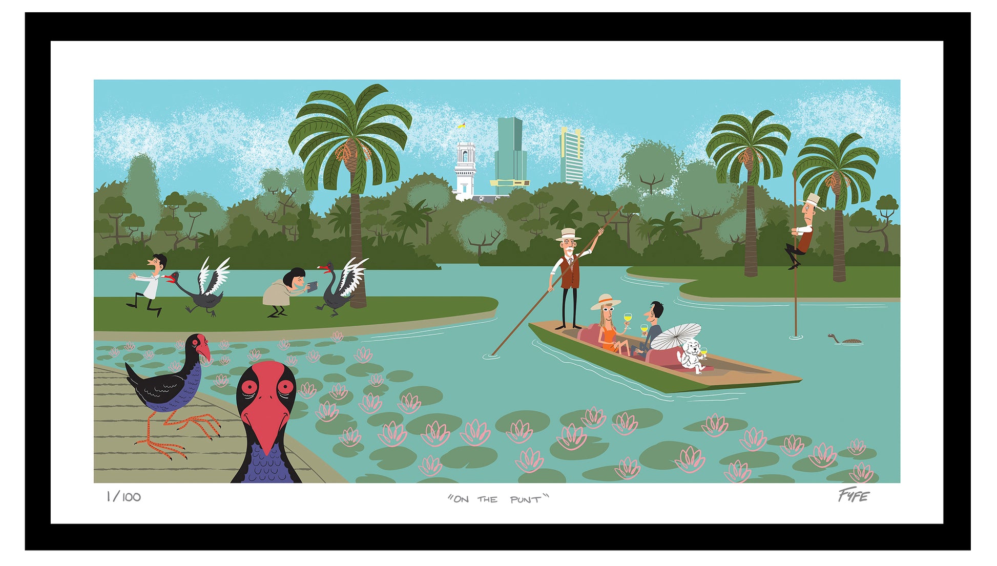 Illustration of a park scene with people, ducks, and a boat on a lake.