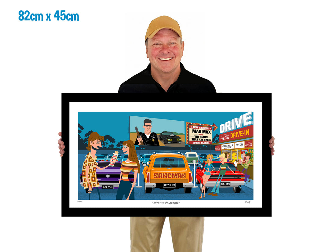 Drive-In Dragsters by Andrew Fyfe – retro Australian drive-in cinema artwork featuring classic muscle cars and cult movie references.