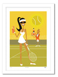 Illustration of a woman holding a drink and a tennis racket on a tennis court with a man in the background.