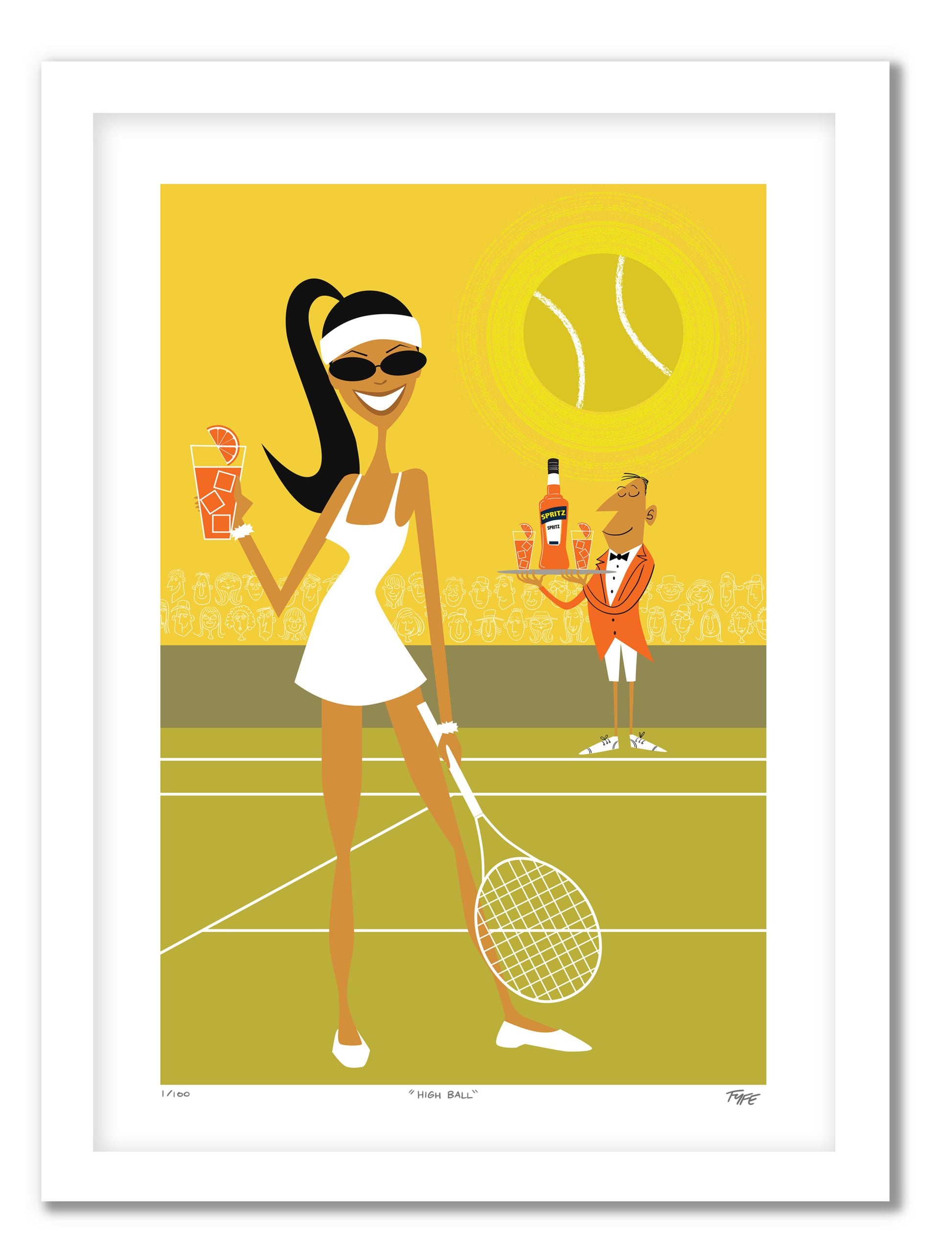 Illustration of a woman holding a drink and a tennis racket on a tennis court with a man in the background.