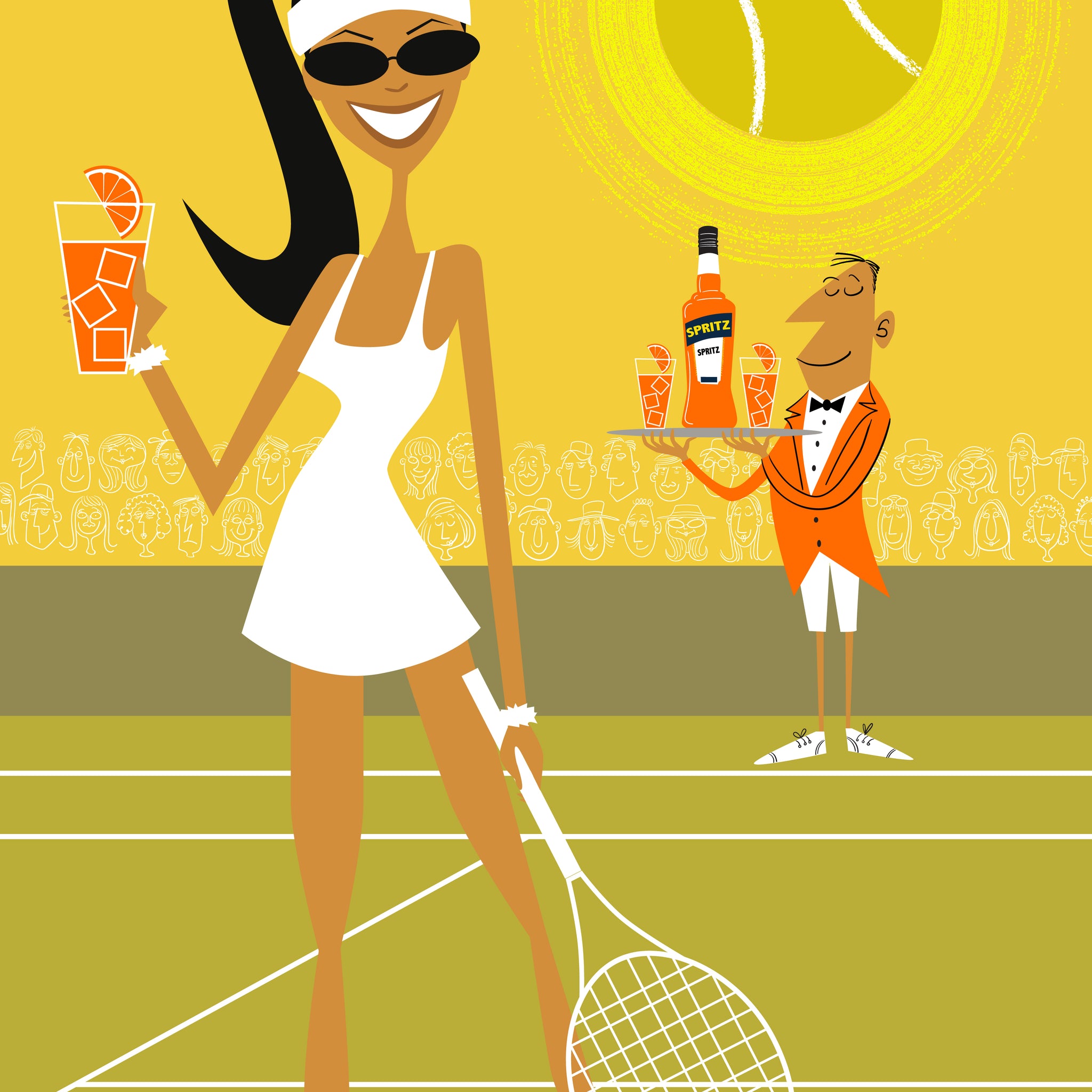 Cartoon illustration of a woman on a tennis court with a butler and drinks, set against a yellow background.