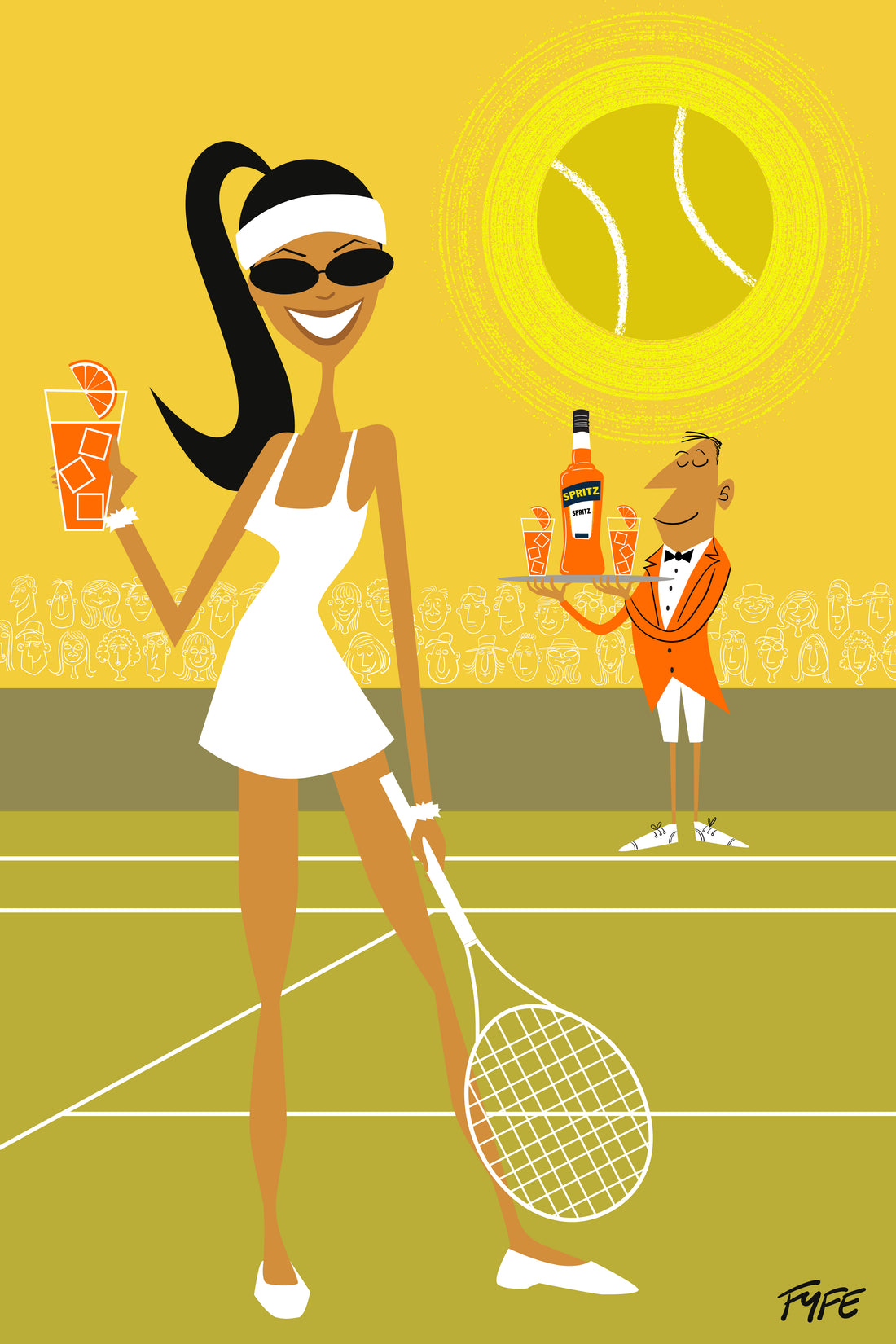 Cartoon illustration of a woman on a tennis court with a butler and drinks, set against a yellow background.