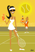 Cartoon illustration of a woman on a tennis court with a butler and drinks, set against a yellow background.