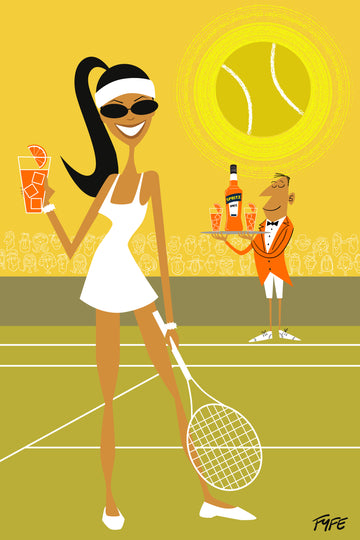 Cartoon illustration of a woman on a tennis court with a butler and drinks, set against a yellow background.