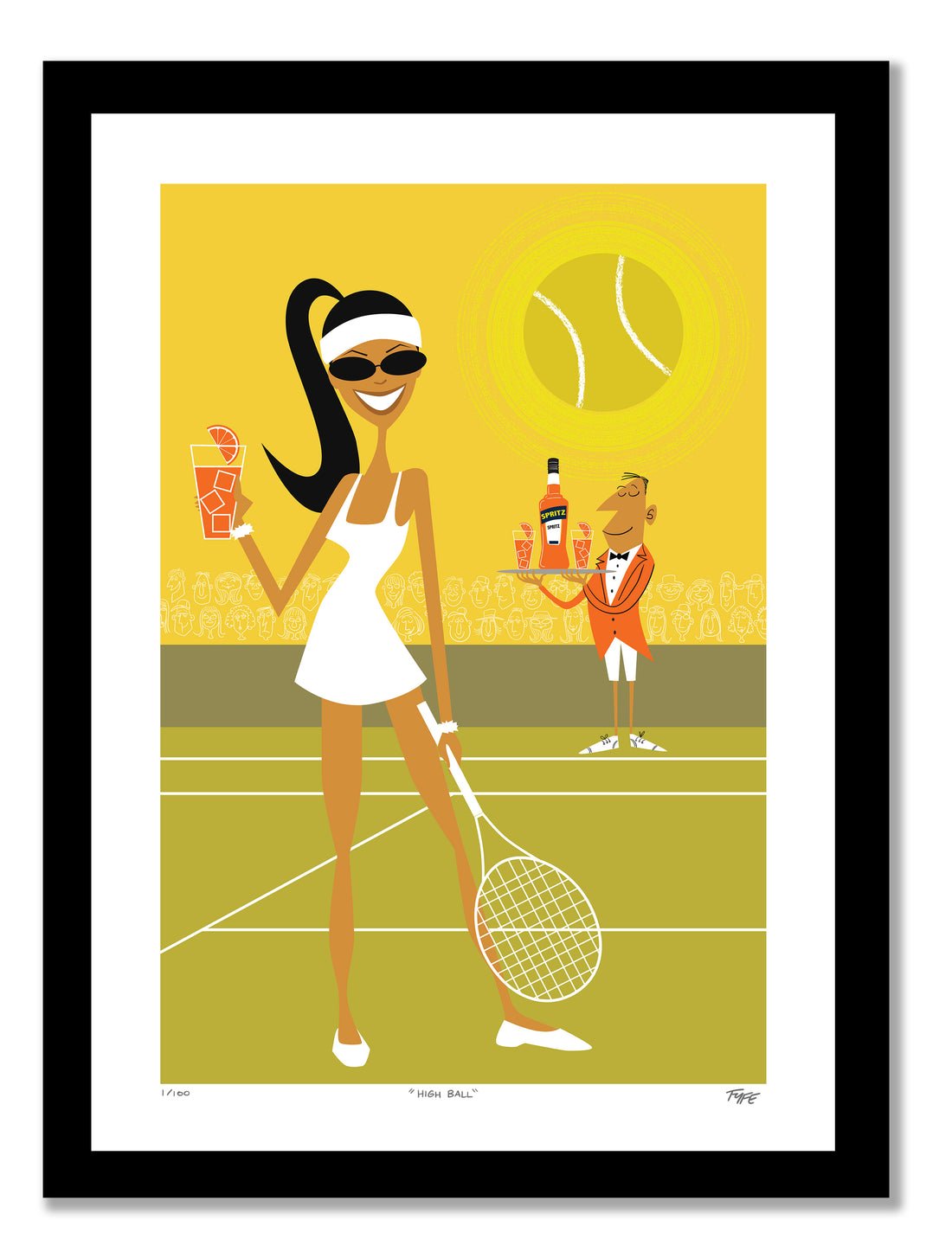 Cartoon illustration of a woman on a tennis court with a butler and drinks, set against a yellow background.