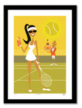 Illustration of a woman holding a drink and a tennis racket on a tennis court with a man holding a bottle.