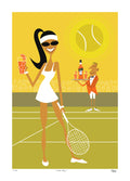 Illustration of a woman on a tennis court with a butler and a tennis ball.