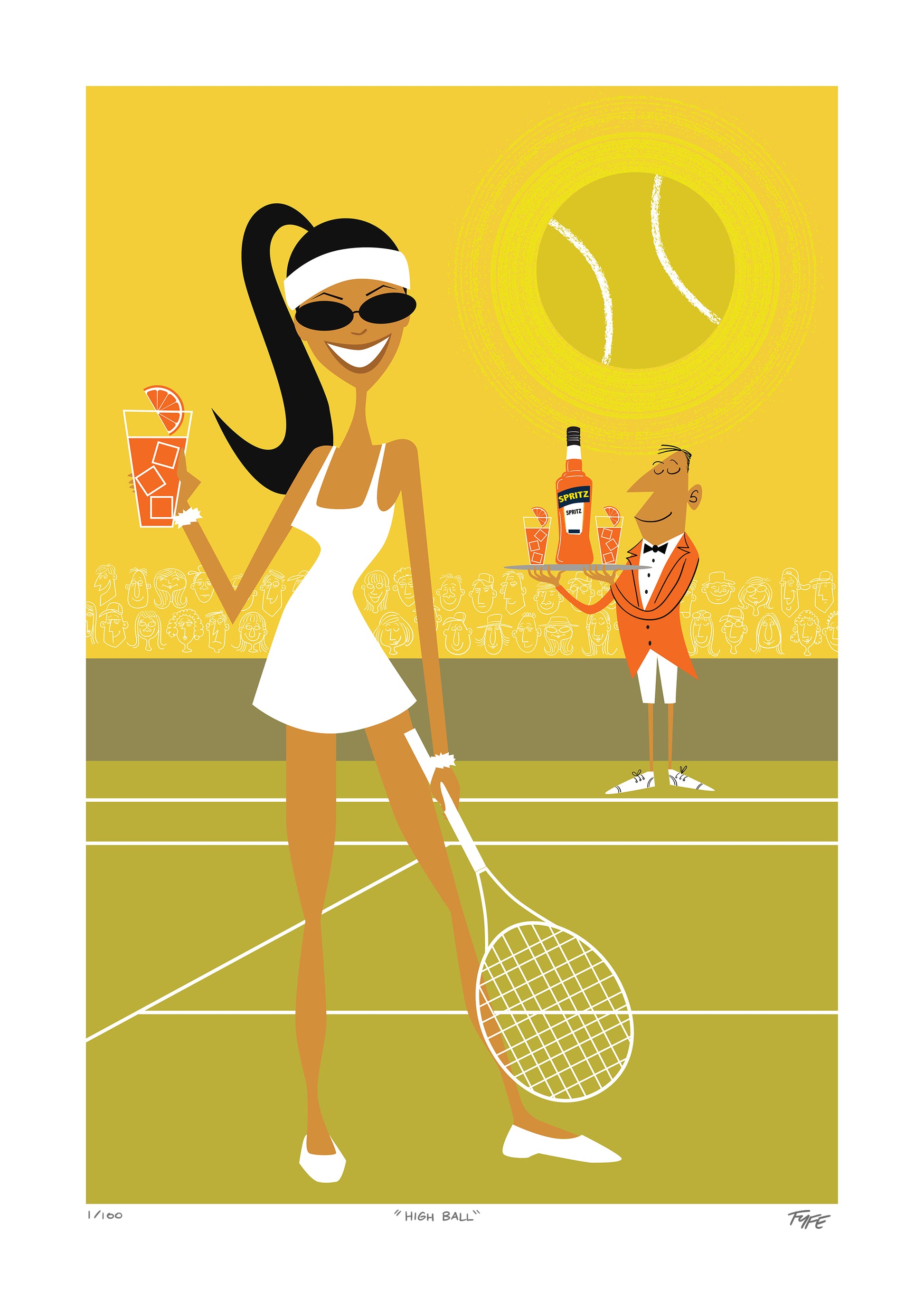Illustration of a woman on a tennis court with a butler and a tennis ball.