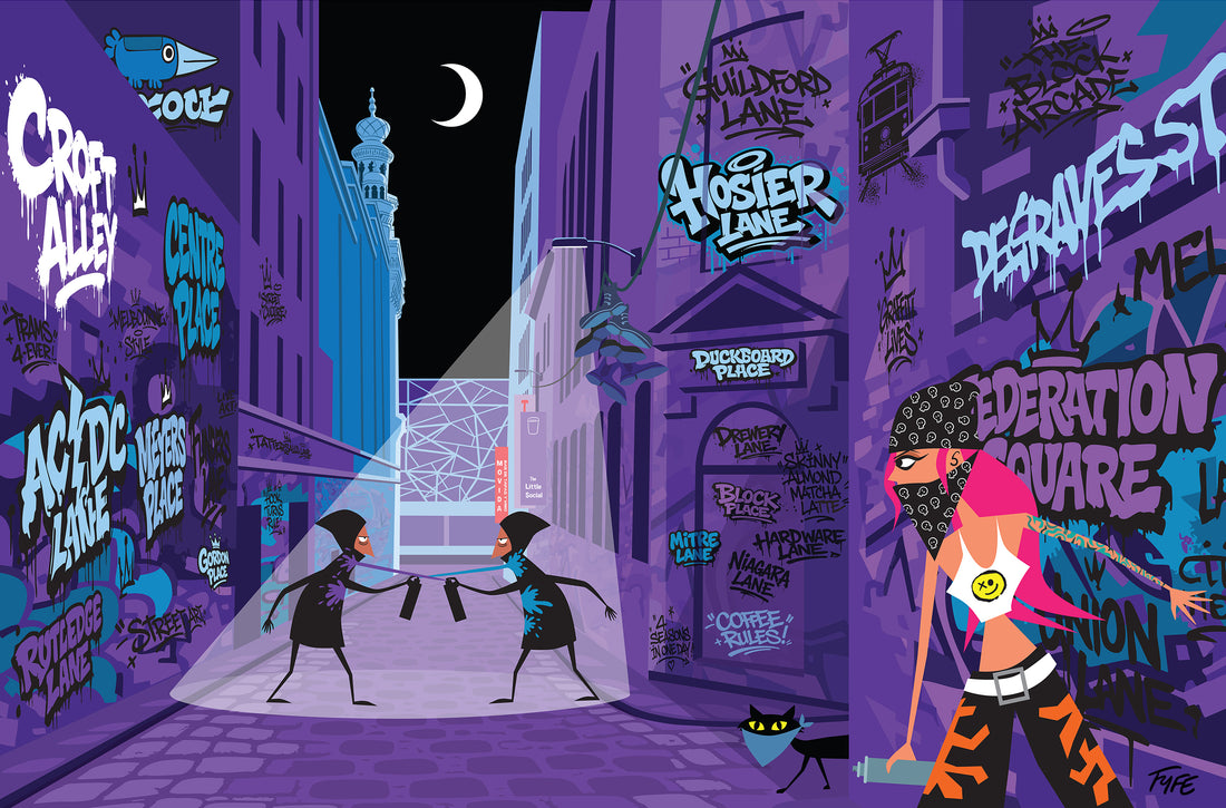 Hosier Lane Melbourne street art print with graffiti artists duelling in iconic laneway