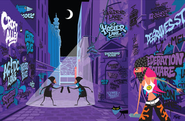 Hosier Lane Melbourne street art print with graffiti artists duelling in iconic laneway