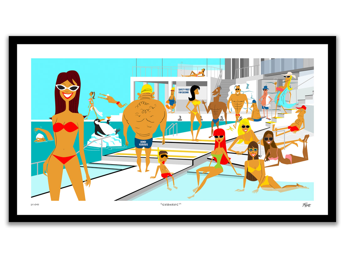 Colorful illustration of people at a pool party with a focus on a woman in a red bikini.