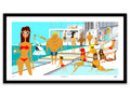 Illustration of people at a pool party with a woman in a red bikini standing by the pool.