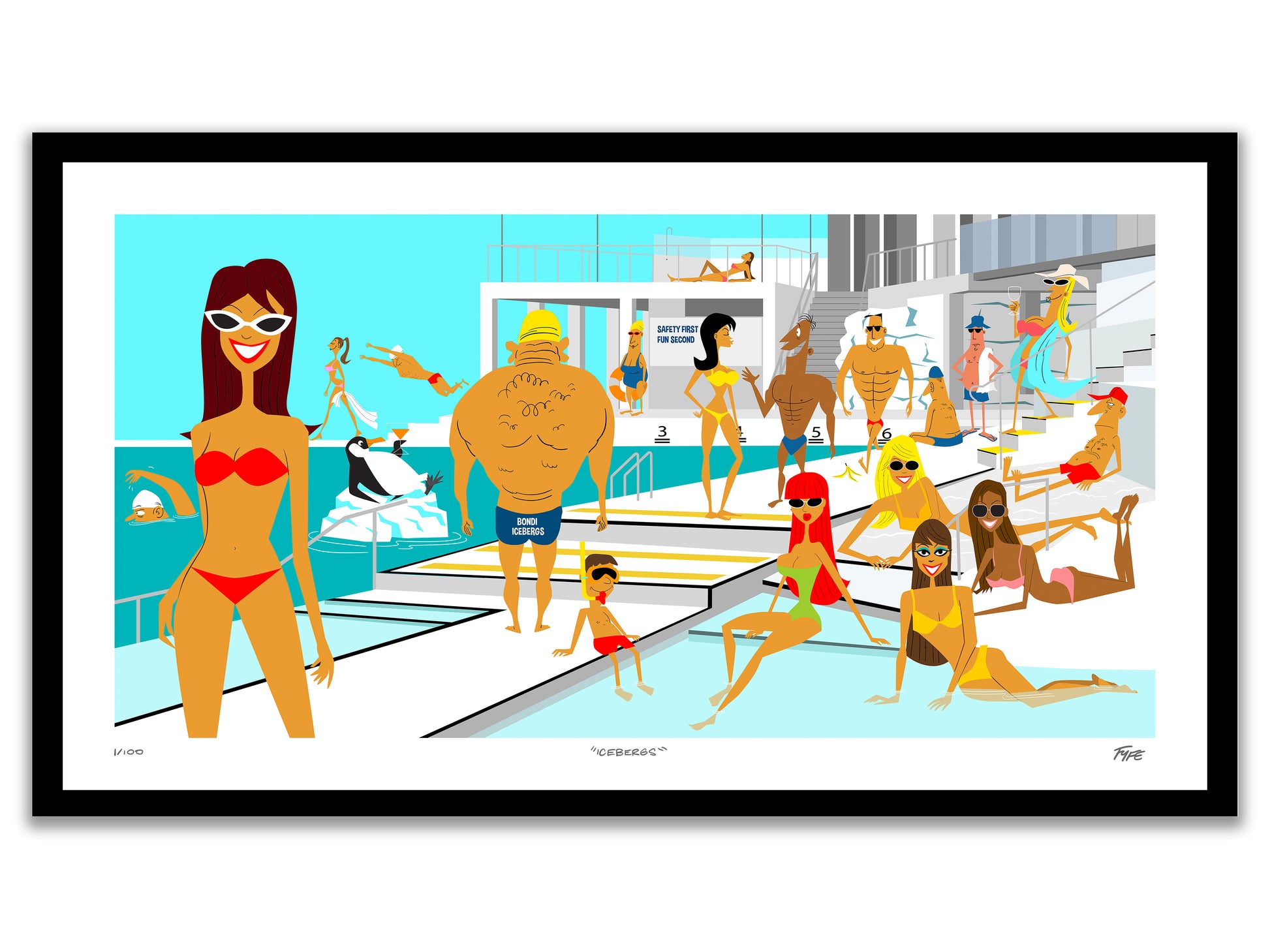 Illustration of people at a pool party with a woman in a red bikini standing by the pool.