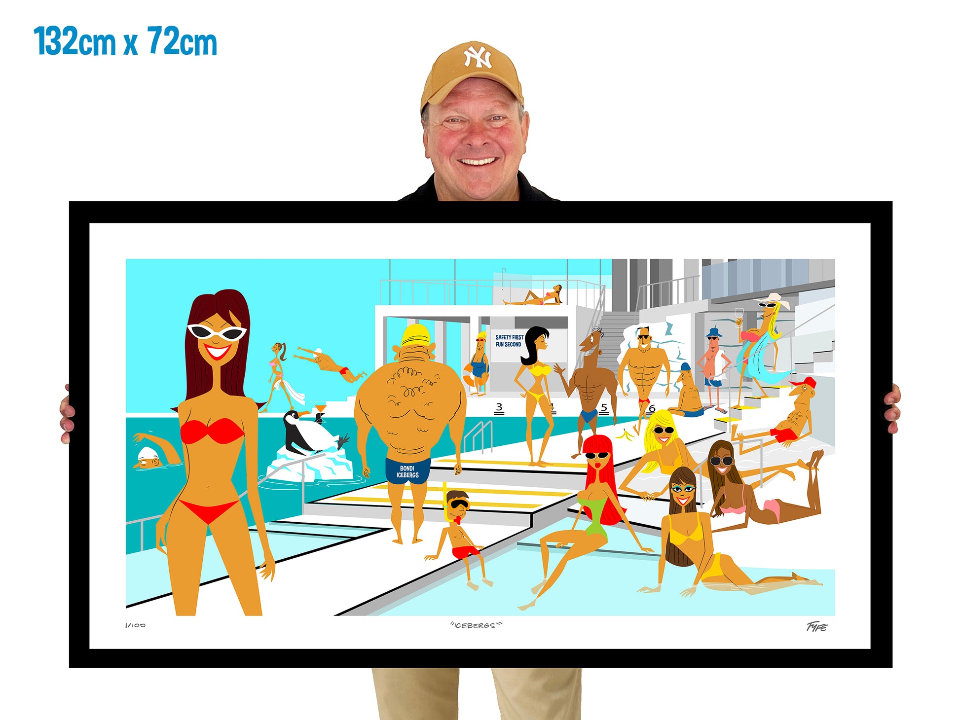 Person holding a framed illustration of a pool party scene with people in swimsuits.