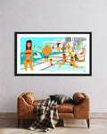 Framed artwork of a pool party scene with people in swimsuits on a wall above a brown sofa.