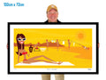 Man holding a framed artwork of a woman sunbaking on Bondi Beach with lifesavers hanging washing in background