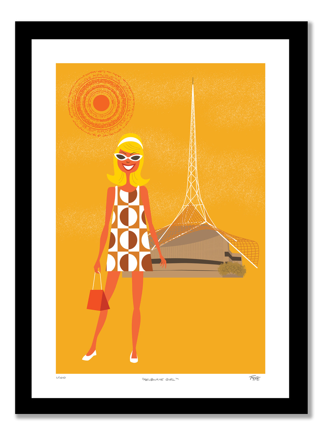 Illustration of a woman in a geometric dress standing in front of a tower on an orange background