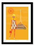 Framed artwork of a woman in a dress with a tower in the background on an orange background