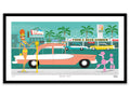 Framed Meter Maid retro Surfers Paradise art print by Andrew Fyfe featuring vintage Gold Coast signage, classic cars and iconic meter maid culture.