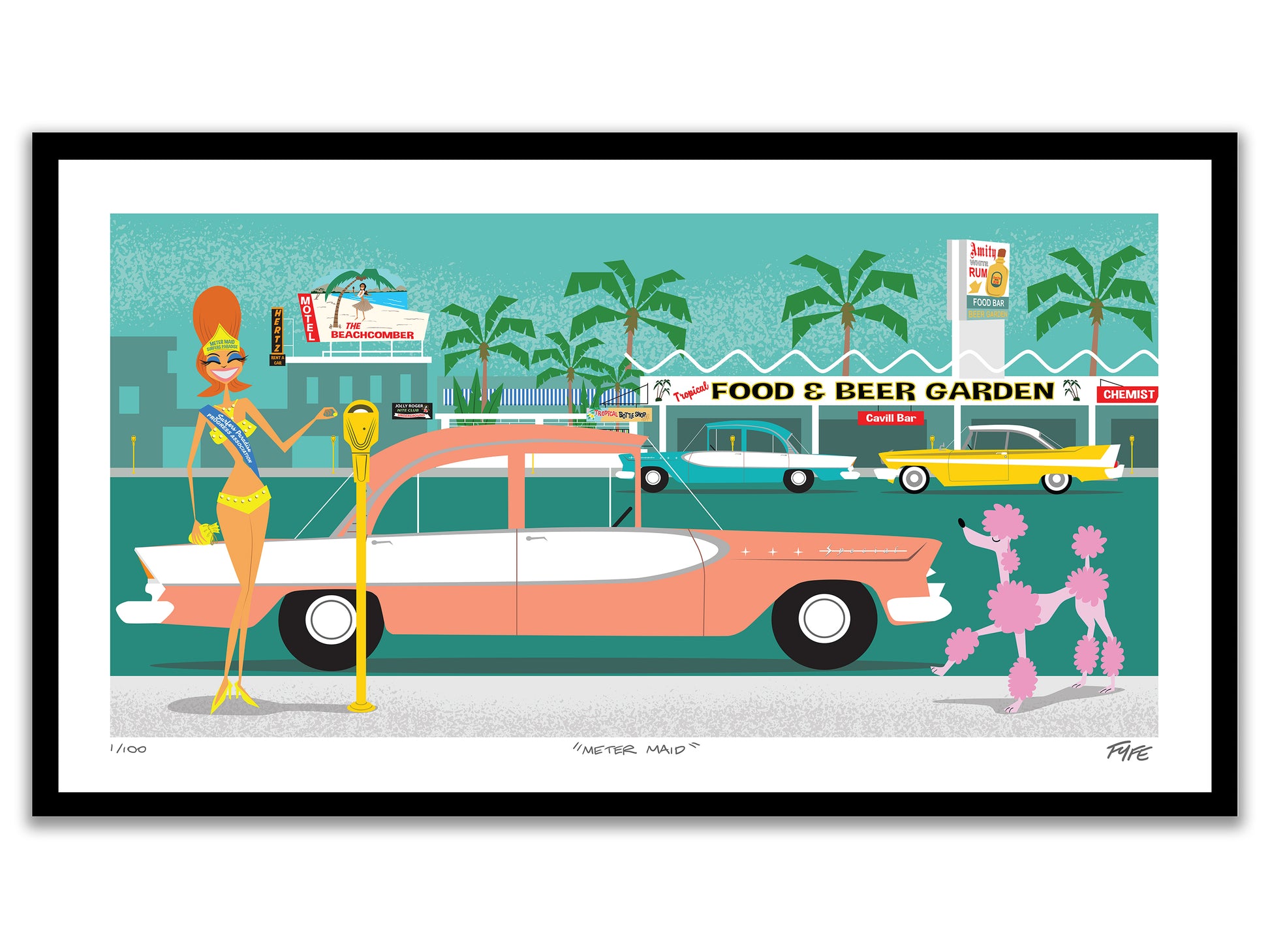 Framed Meter Maid retro Surfers Paradise art print by Andrew Fyfe featuring vintage Gold Coast signage, classic cars and iconic meter maid culture.