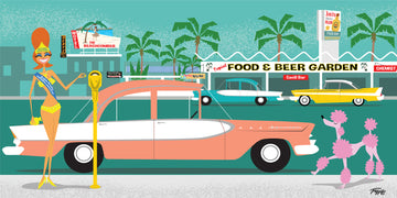 “Meter Maid” retro Surfers Paradise art print by Andrew Fyfe featuring a classic Gold Coast meter maid, vintage cars, neon signage and 1960s Cavill Avenue atmosphere.