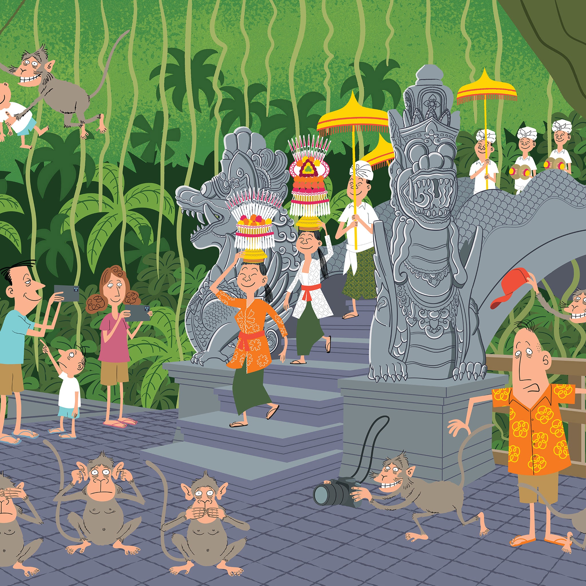 Cartoon scene with people and monkeys in a tropical setting with statues and greenery.