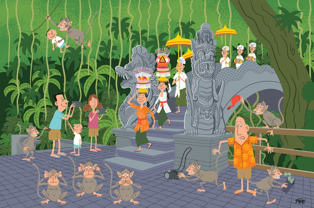 Cartoon scene with people and monkeys in a tropical setting with statues and greenery.