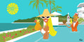 Cartoon character by a pool with a cocktail, palm trees, and a beach in the background
