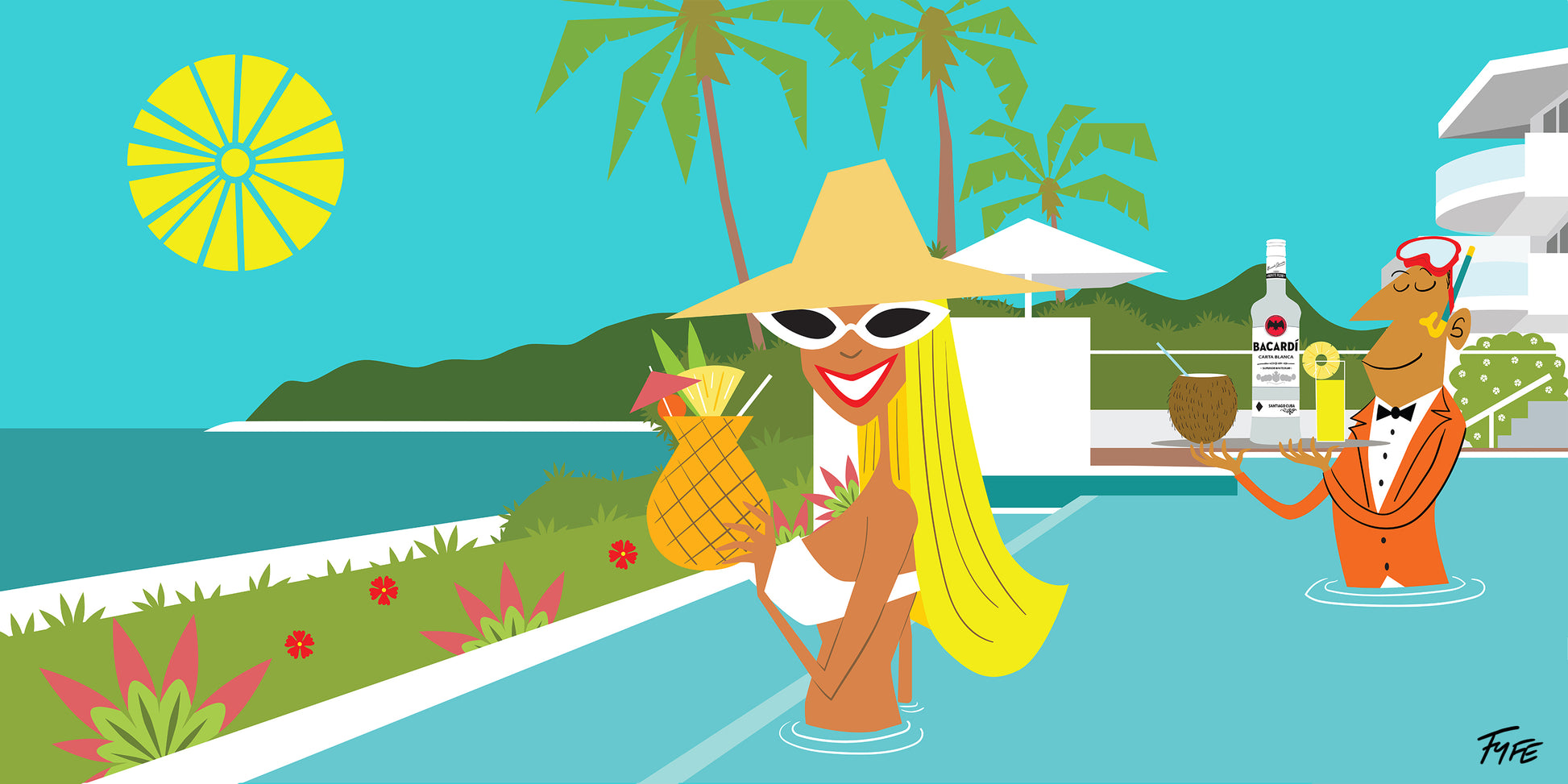 Cartoon character by a pool with a cocktail, palm trees, and a beach in the background